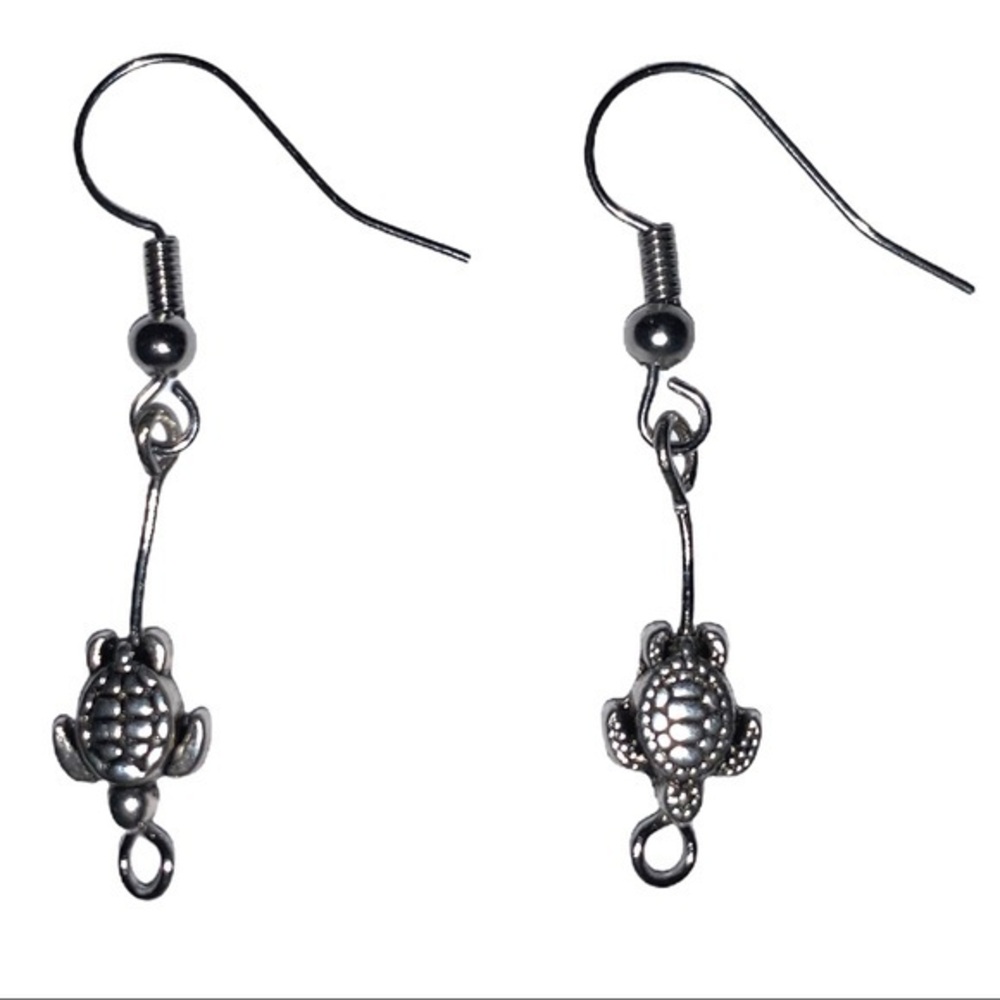 Handmade silver plated 1.5” drop turtle earrings